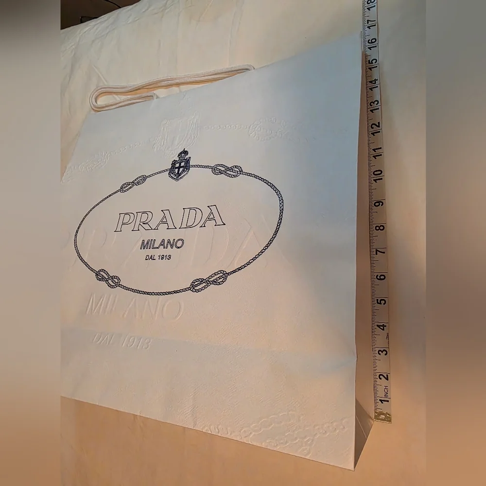 Prada White Shopping Bag with Blue Logo – Large Luxury Paper Tote – 16